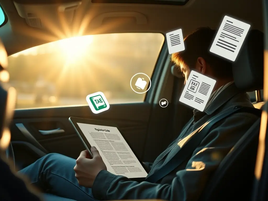 An illustration of a driver reading a regulation guide on a tablet, with icons representing taxes, emissions, and legal documents.