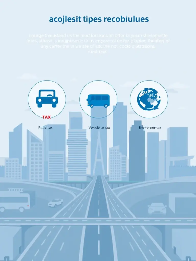 A visual representation of different types of automotive taxes, such as road tax, vehicle tax, and environmental tax, depicted through icons and infographics, set against a backdrop of a city skyline.
