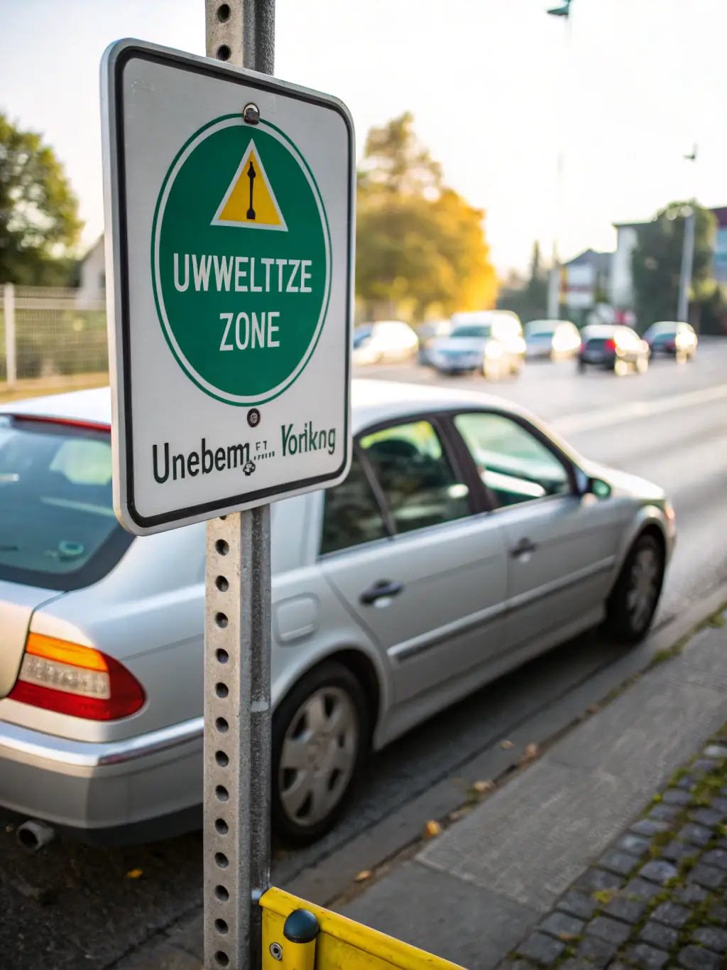 A sign indicating a low emission zone (LEZ) in a European city, with various types of vehicles passing by, some displaying emission stickers, to illustrate regulations related to low emission zones.