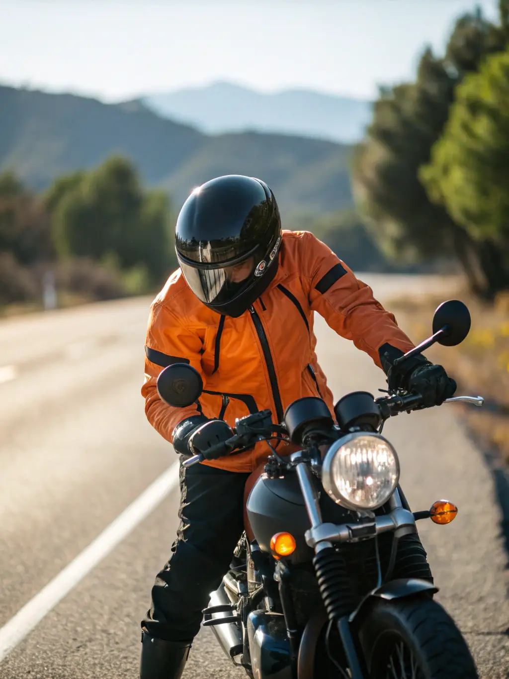 A motorcycle rider wearing a helmet and protective gear, riding on a highway with clear signage indicating speed limits and lane regulations, to represent motorcycle-specific regulations.