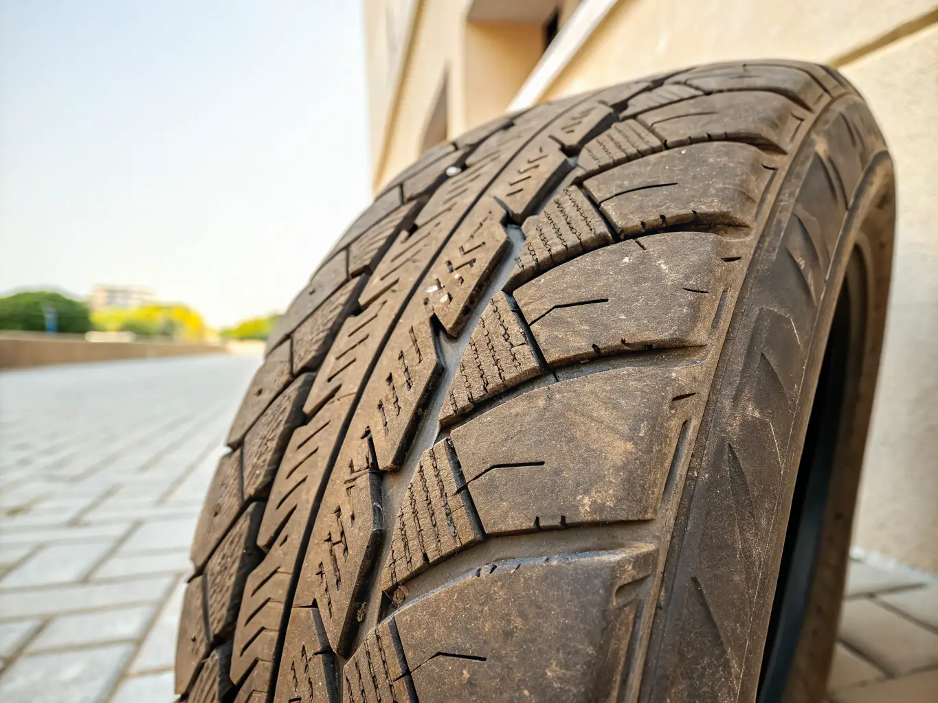A visually informative image illustrating the key components and features of different types of tires, set against a backdrop of a road, as part of a Motor Guide tire buying guide.