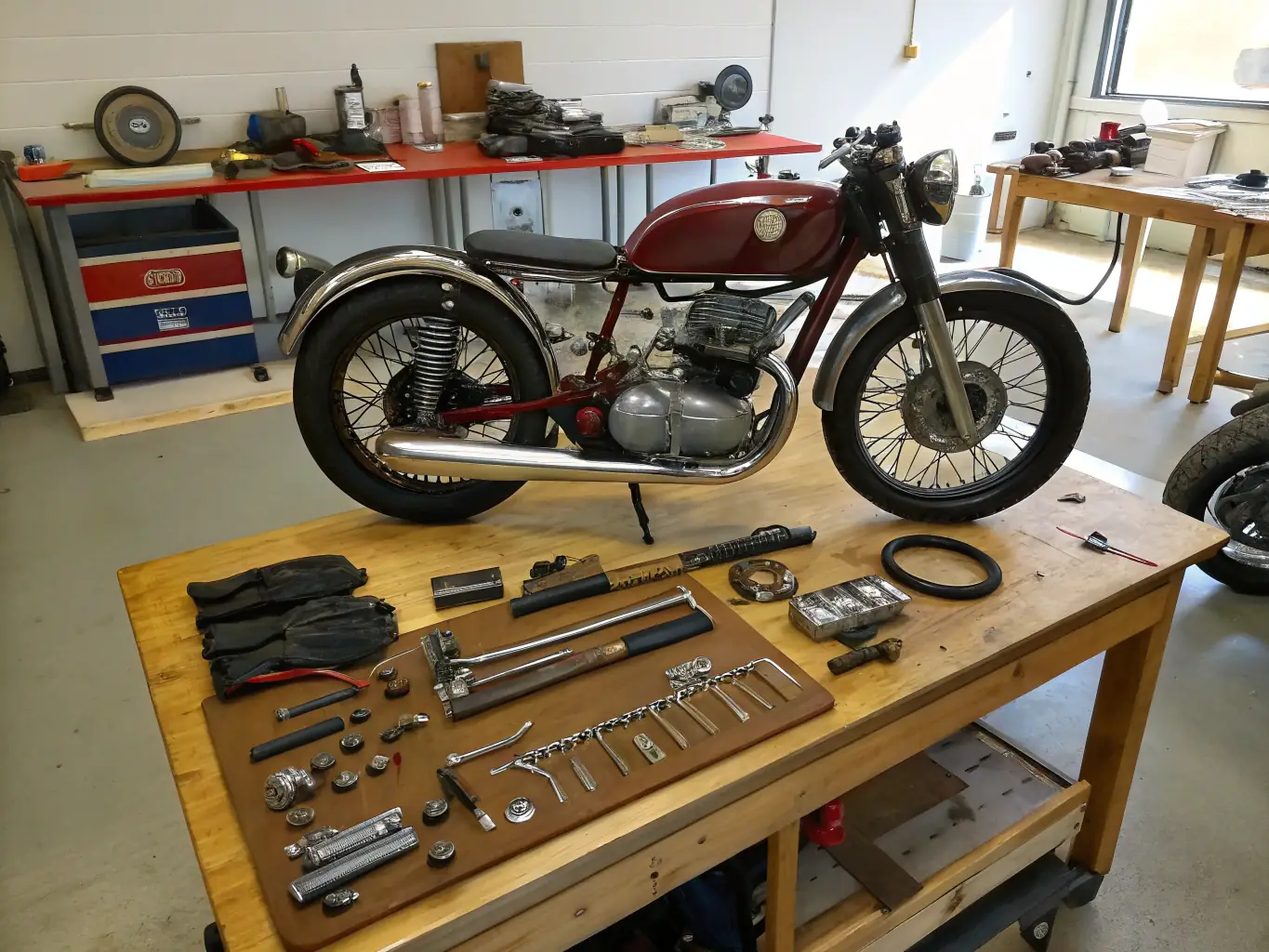 A collage of automotive accessories like tires, helmets, and oils displayed on a workbench or in a store setting.