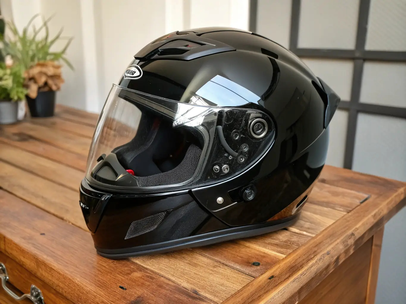 An image depicting a motorcycle helmet with annotations pointing out safety features and comfort aspects, presented as part of a Motor Guide buying guide on motorcycle safety gear.