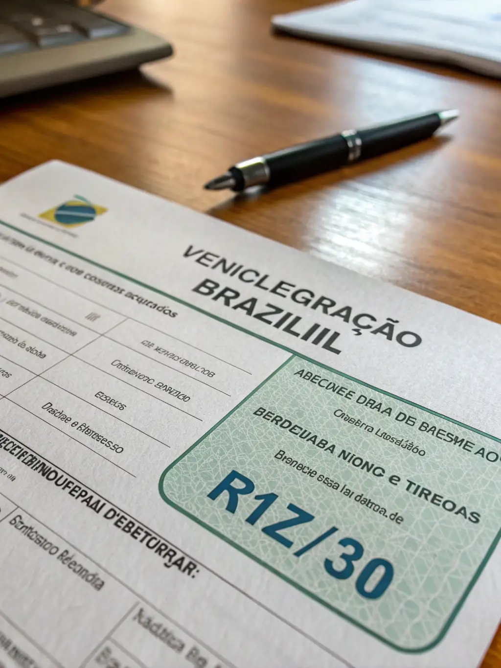 A close-up shot of a vehicle registration document, highlighting key information such as vehicle identification number (VIN), registration date, and owner details, set against a blurred background of a government office to represent vehicle registration regulations.