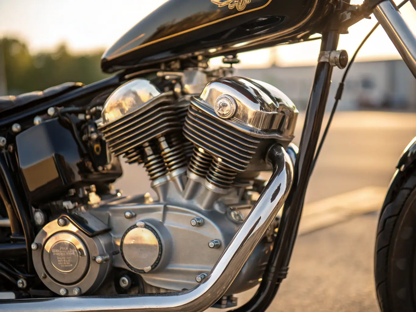 A detailed image of a motorcycle engine, highlighting its intricate components and engineering. The engine should be clean and well-lit, showcasing its power and technology.