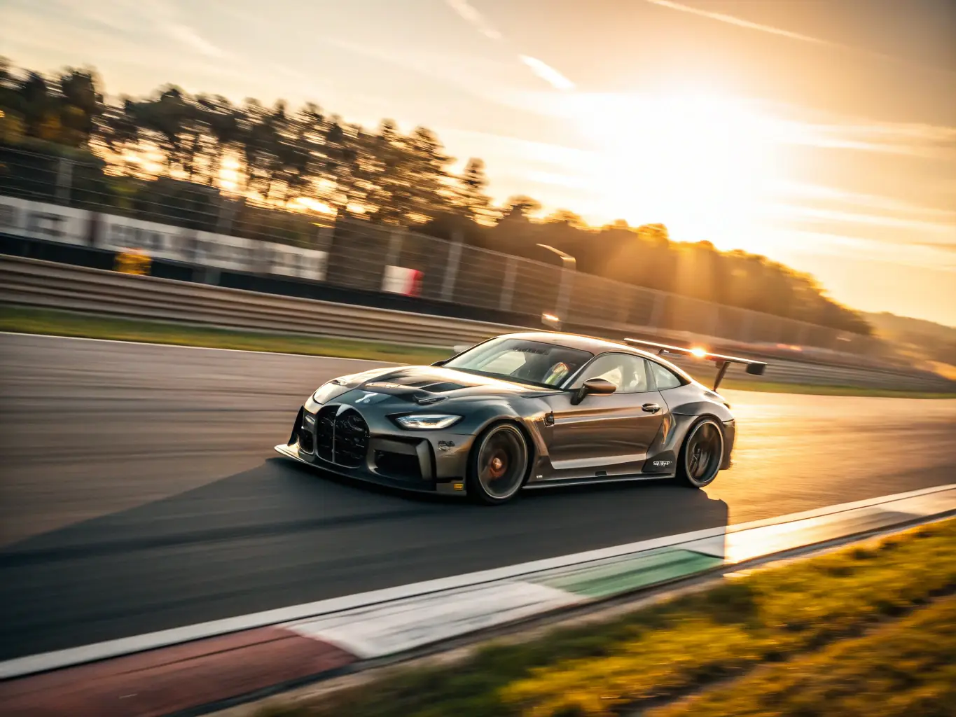 A high-quality image showcasing a sleek, modern sports car undergoing performance testing on a racetrack, emphasizing its speed and agility. The car should be in motion, with blurred background to convey a sense of speed.