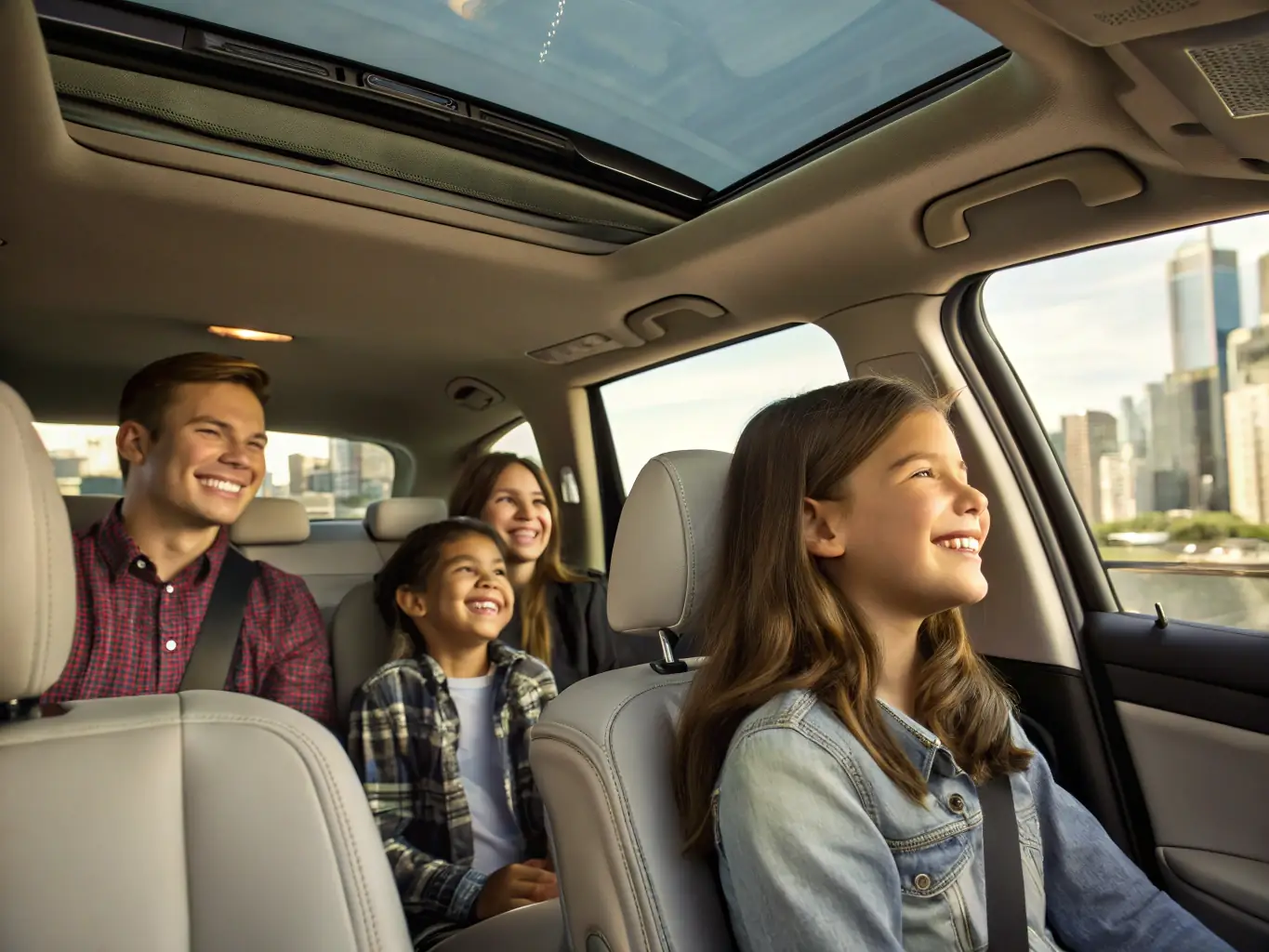 An image of a family using a car's infotainment system, highlighting its user-friendly interface and features. The image should convey a sense of convenience and connectivity.